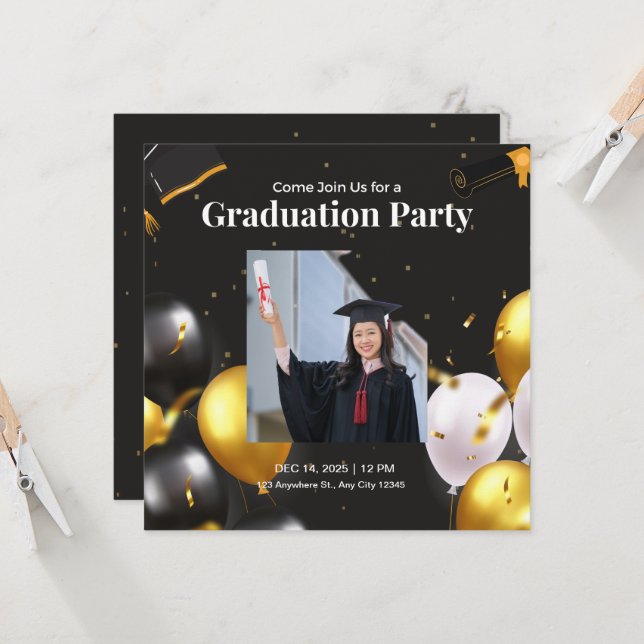 Invitation de graduation Black and Gold Elegant (Devant/Arrière en situation)