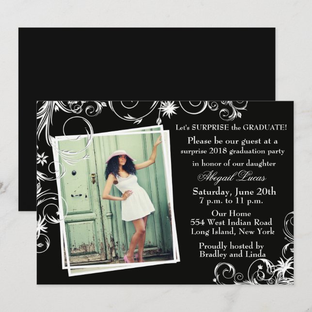 Invitation de graduation Black & Pearl Swirl (Devant / Derrière)