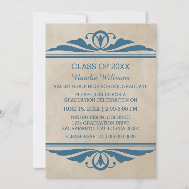 Invitation de graduation Blue Elegant Deco (Devant)