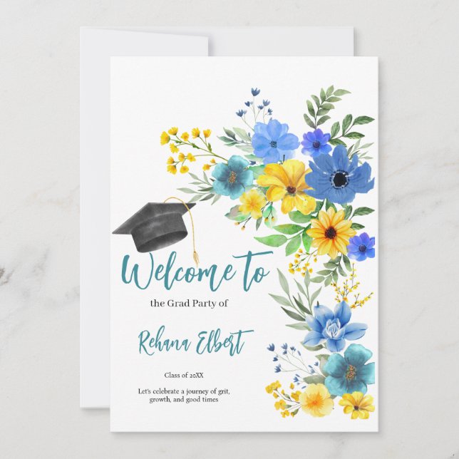 Invitation de graduation Boho Jaune & Bleu Floral (Devant)
