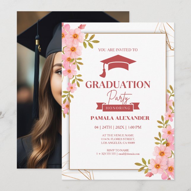 Invitation de graduation de couleur verte et rouge (Devant / Derrière)