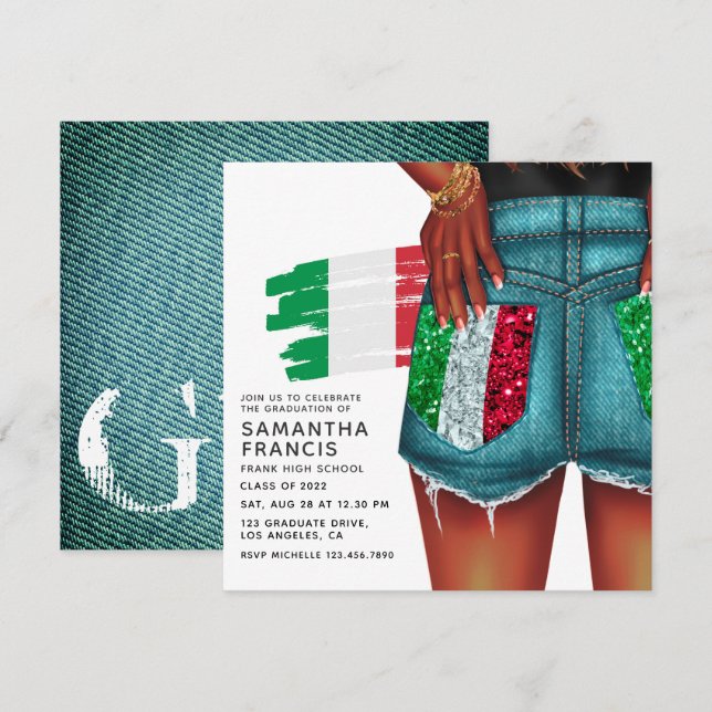 Invitation de graduation de fille en denim italien (Devant / Derrière)
