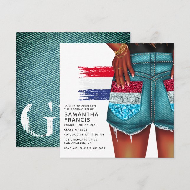 Invitation de graduation de la fille en denim des  (Devant / Derrière)