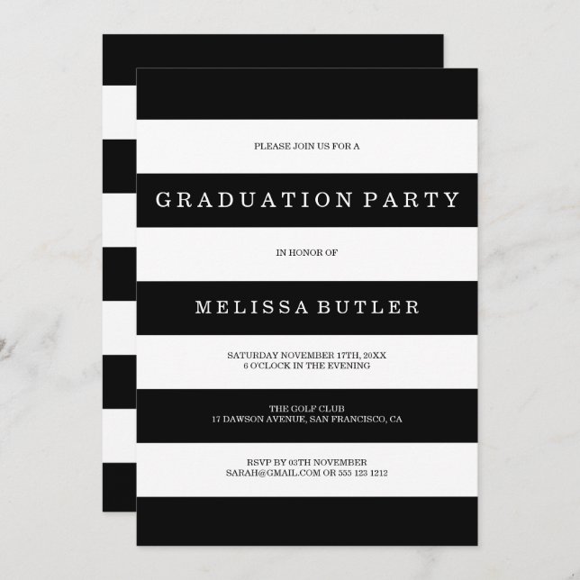 Invitation de graduation en bande noire et blanche (Devant / Derrière)