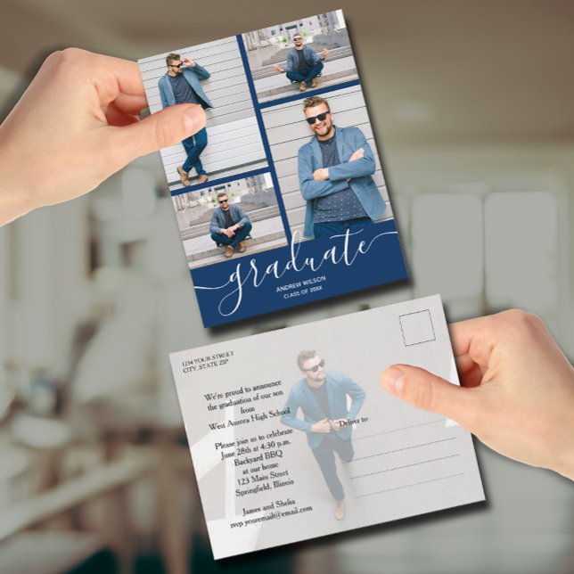 Invitation de graduation en bleu de la Marine Mult (Multi Photo Navy Blue Graduation Invitation Postcards)
