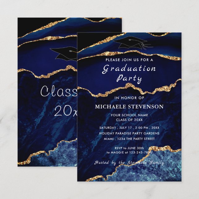 Invitation de graduation en marbre bleu or de la M (Devant / Derrière)