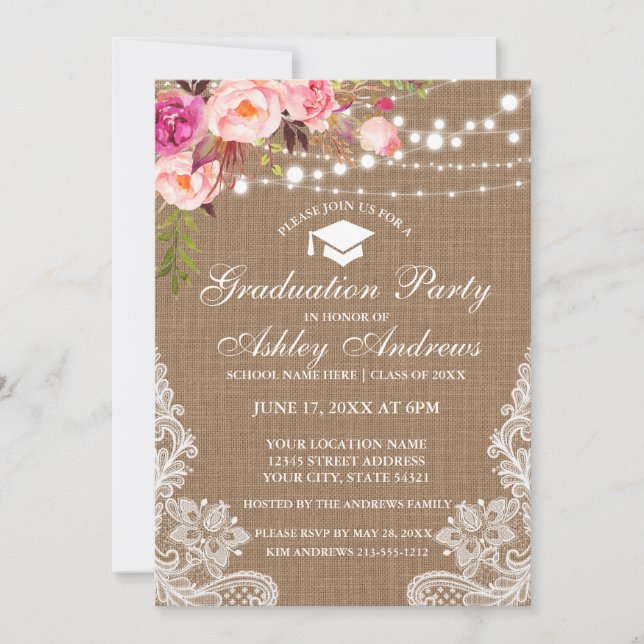 Invitation de graduation en rose de la dentelle (Devant)