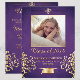 Invitation de graduation en violet et or