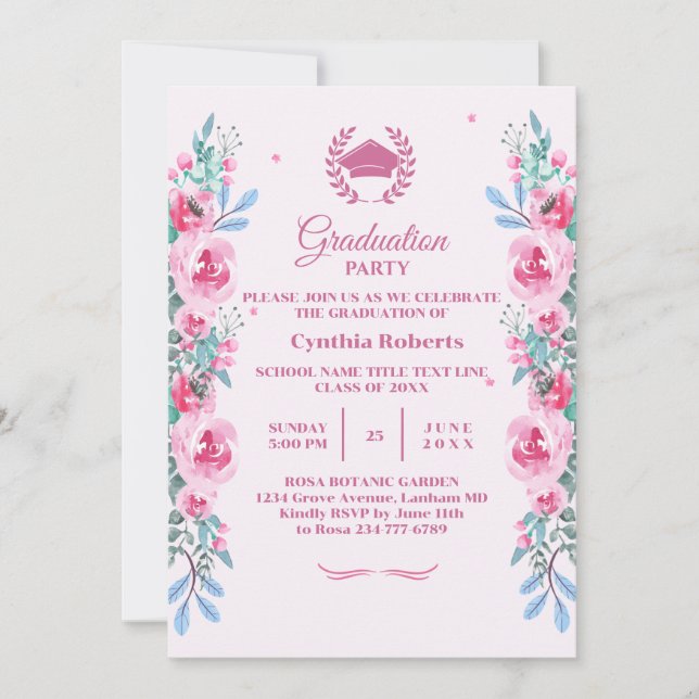 Invitation de graduation florale rose (Devant)