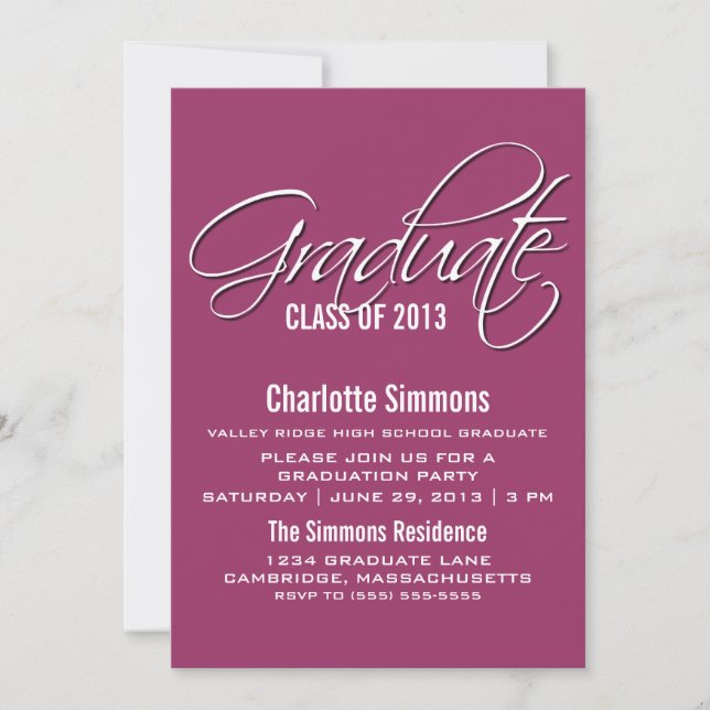 Invitation de graduation Fuchsia Elegant Script (Devant)