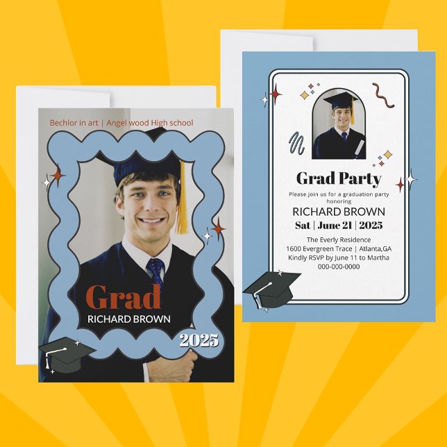 Invitation de graduation ondulée bleu clair rétro (Créateur téléchargé)