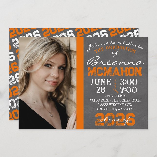 Invitation de graduation Orange & Blanc Chalkboard (Repeating Class Year 1 Photo Graduation Invitations)