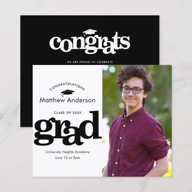 Invitation de graduation photo budget noir et blan (Devant / Derrière)