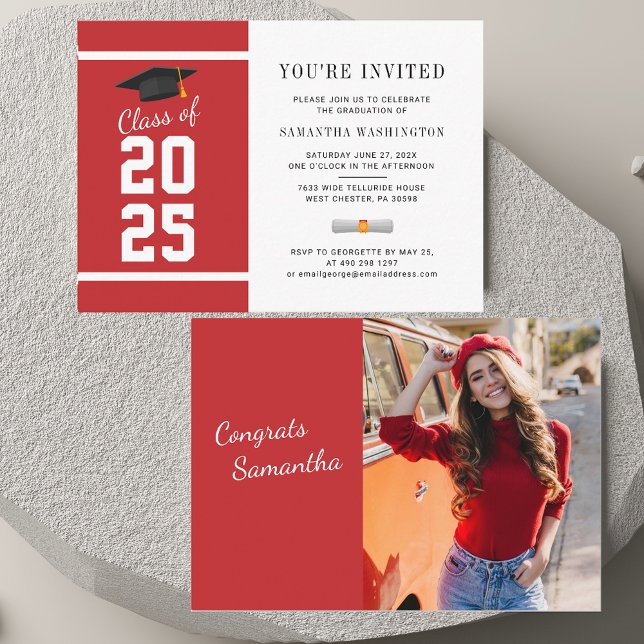 Invitation de graduation photo moderne 2025 (Graduation 2025 Red White Photo Mini Party Invitation)