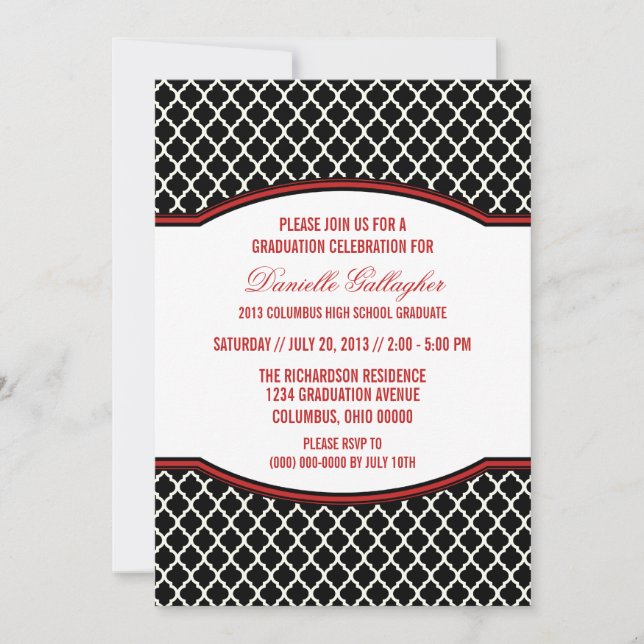 Invitation de graduation Red Elegant Quatrefoil (Devant)