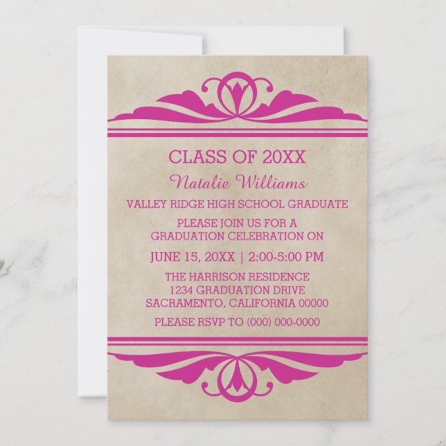 Invitation de graduation rose Elegant Deco (Devant)