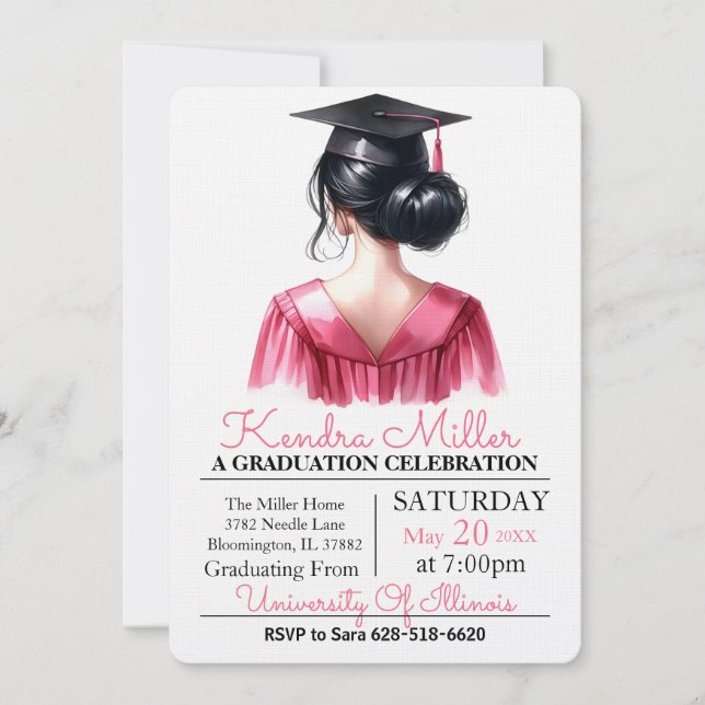 Invitation de graduation rose et noir Aquarelle (Devant)