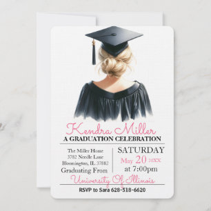 Invitation de graduation rose et noir Aquarelle