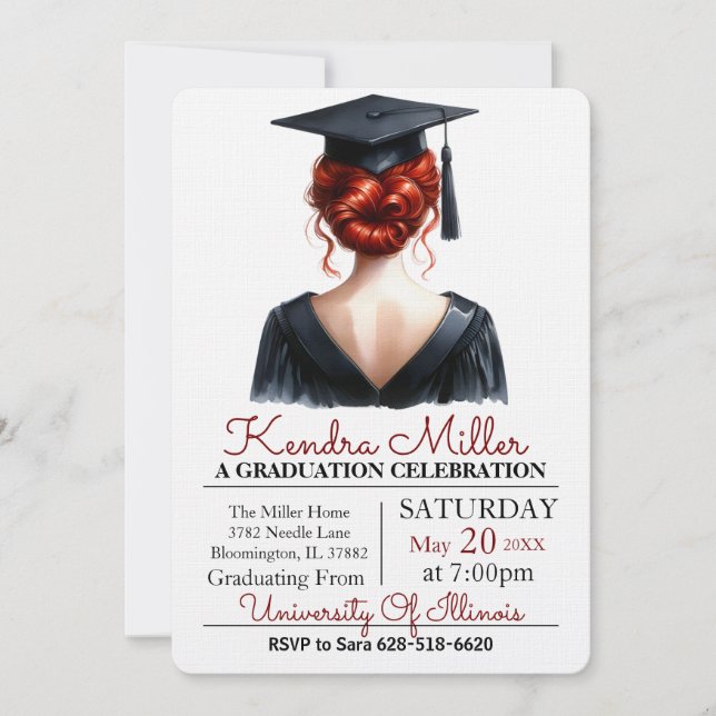 Invitation de graduation rose et noir Aquarelle (Devant)