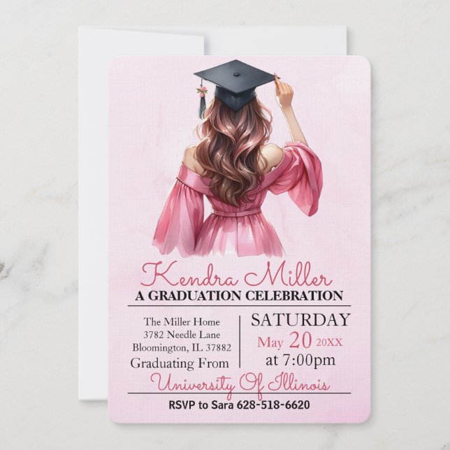 Invitation de graduation rose et noir Aquarelle (Devant)