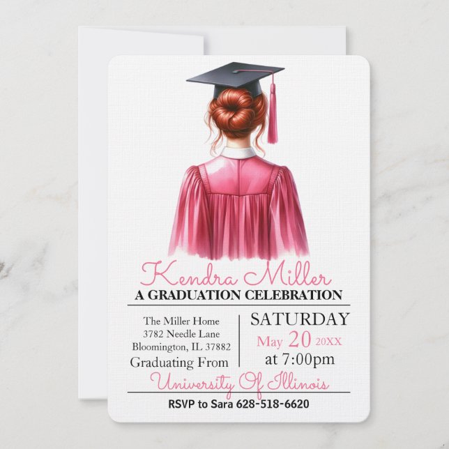 Invitation de graduation rose et noir Aquarelle (Devant)