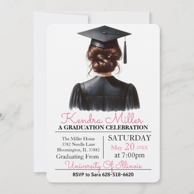 Invitation de graduation rose et noir Aquarelle (Devant)
