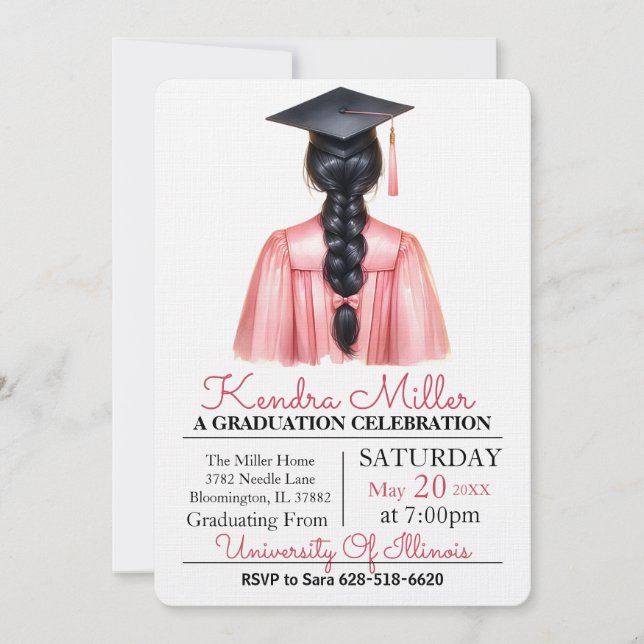 Invitation de graduation rose et noir Aquarelle (Devant)