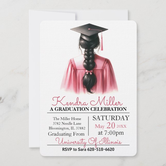 Invitation de graduation rose et noir Aquarelle (Devant)