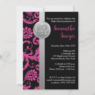 Invitation de graduation rose, noir et argent
