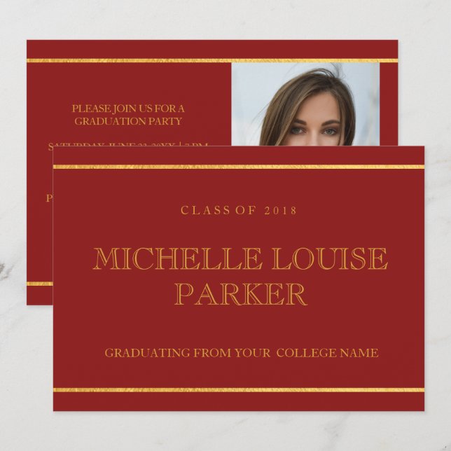Invitation de graduation rouge cardinale or intemp (Devant / Derrière)