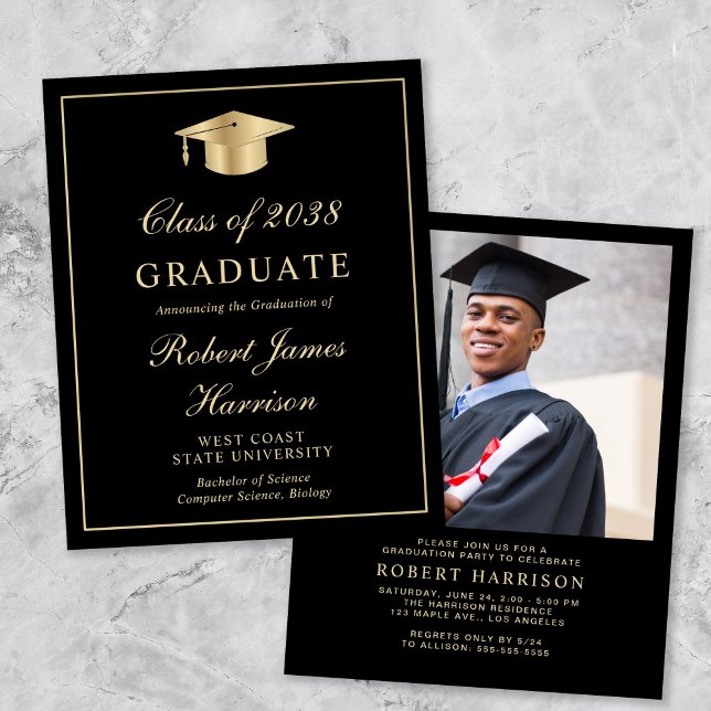 Invitation de graduation sur le thème Noir et Or B (An elegant college graduation party invitation to celebrate the graduate's achievements)