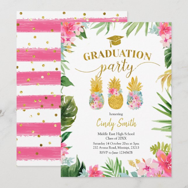 Invitation de graduation Tropical Luau Pineapple (Devant / Derrière)