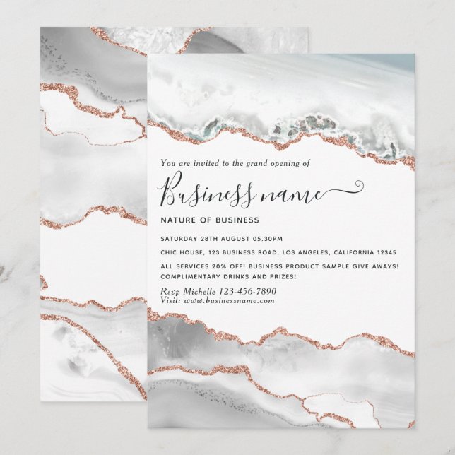 Invitation de grand ouverture en agate or rose et  (Devant / Derrière)