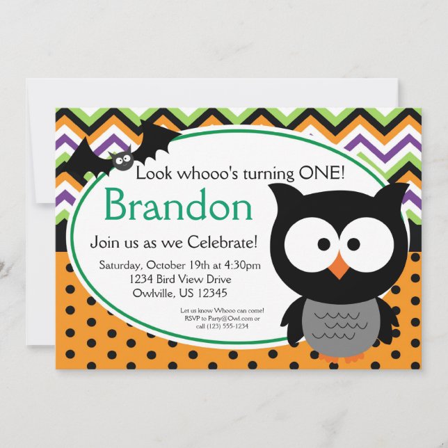 Invitation de Green Chevron et Pois Owl Halloween (Devant)