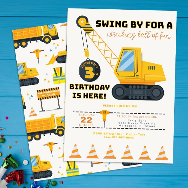 Invitation de grue de construction 3e anniversaire (Construction Vehicle Birthday Invite)