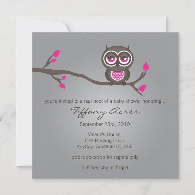 Invitation de hibou gris, rose et Brown (Devant)