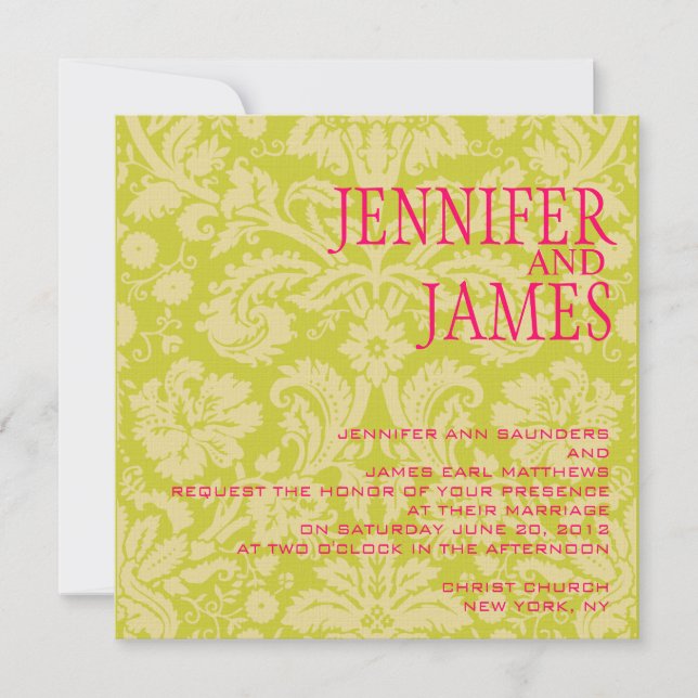 Invitation de Hot Pink Green Cream Mariage damassé (Devant)