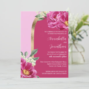 Invitation De jolies pivoines roses avec de l'or sur un maria