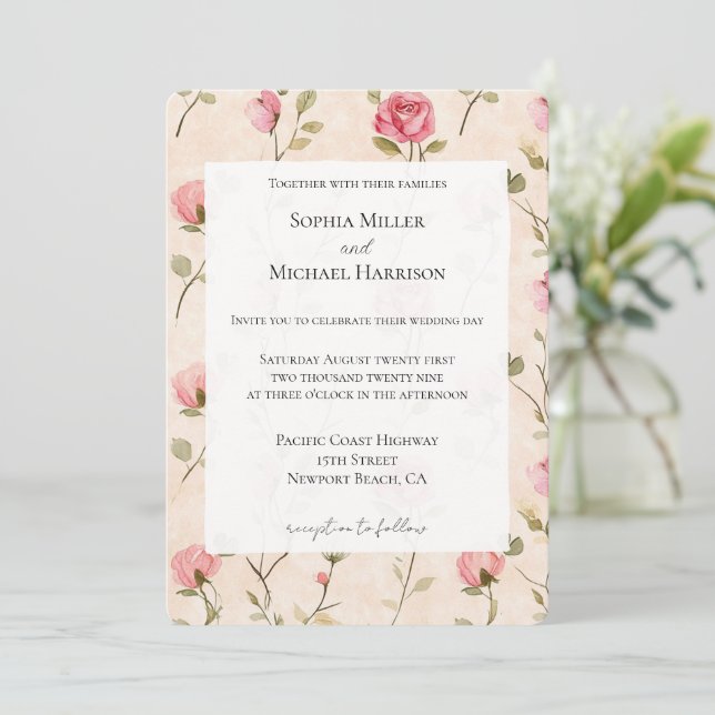 Invitation De Jolies Roses Fleur De Mariage Rose Crème (Debout devant)