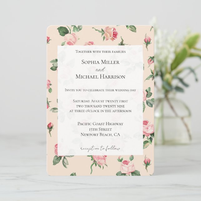 Invitation De jolies roses roses florales de mariage (Debout devant)