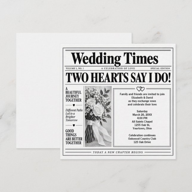 Invitation de journal de mariage (Devant / Derrière)