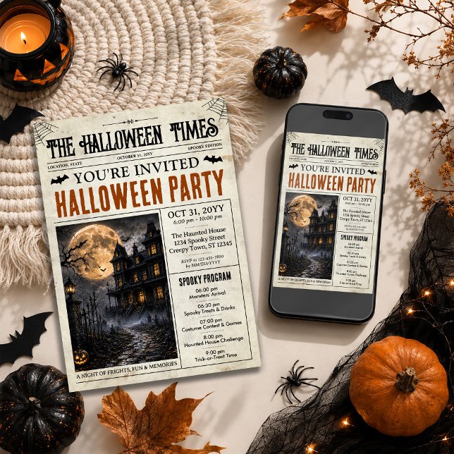 Invitation de journal d'Halloween avec programme (Halloween Newspaper Invitation with Program | Personalized Spooky Party Invite)