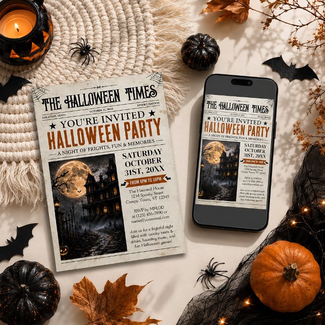 Invitation de journal d'Halloween, Fête d'Hallowee (Halloween Newspaper Invitation, Halloween Party Invitation)