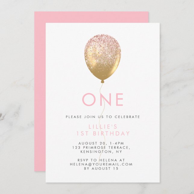 Invitation de la 1ère fête d'anniversaire rose et  (Devant / Derrière)