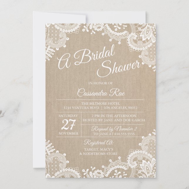 Invitation de la douche nuptiale Burlap et dentell (Devant)