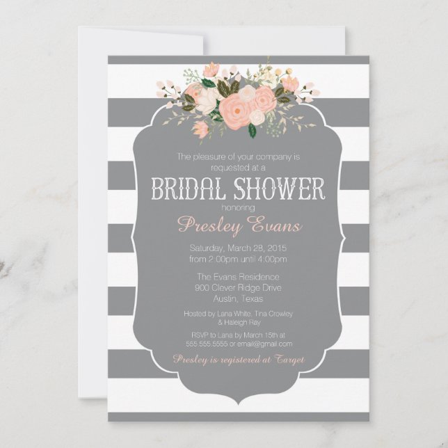 Invitation de la douche nuptiale, rayure grise pêc (Devant)