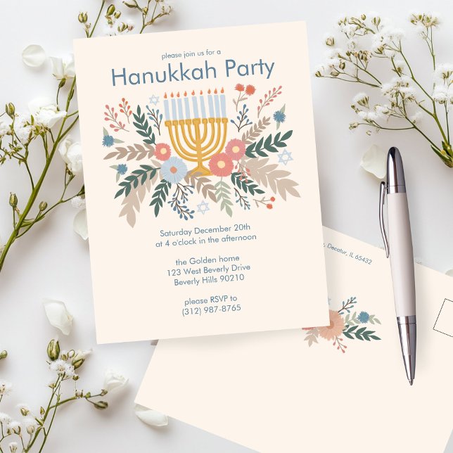Invitation de la fête à main de Florals Hanoukka (Hanukkah Florals Hand-draw CUSTOM Party Invitation Postcard
)