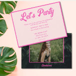 Invitation de la fête Bat mitzvah moderne rose tro<br><div class="desc">Invitation vos invités dans le style avec ces invitations Bat mitzvah néon tropical rose. Le design est composé de feuilles de palmiers verts, d'une photo à l'arrière et d'un texte personnalisé rose pour partager les détails de votre événement. Entrez l'outil de design Zazzle pour effectuer des ajustements supplémentaires au texte...</div>