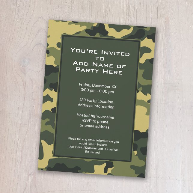 Invitation de la fête : Camouflage militaire vert (A camouflage print birthday party invitation)