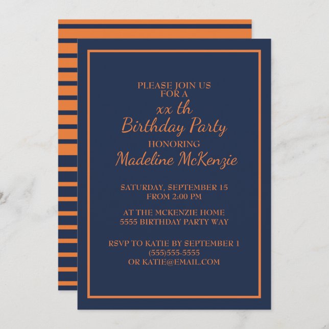 Invitation de la fête d'anniversaire Bleu Orange N (Devant / Derrière)